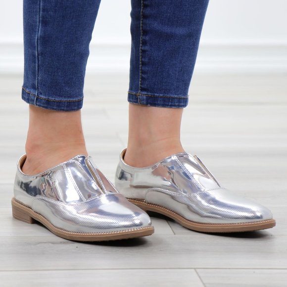 Silver Patent Flat Slip On Oxford Loafers - Picture 2 of 15